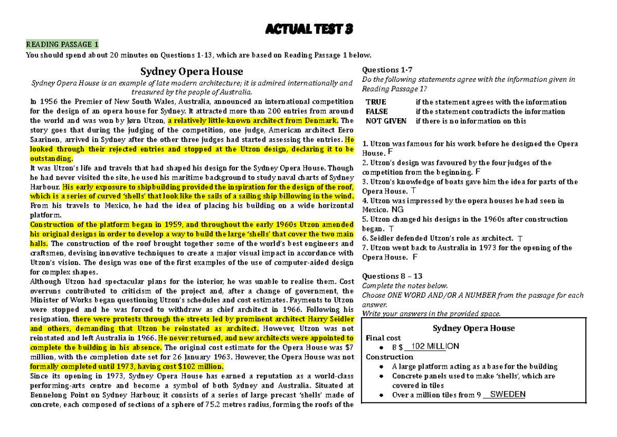 ACTUAL TEST 3 READING PASSAGE 1 ANALYSIS AND QUESTIONS - Studocu