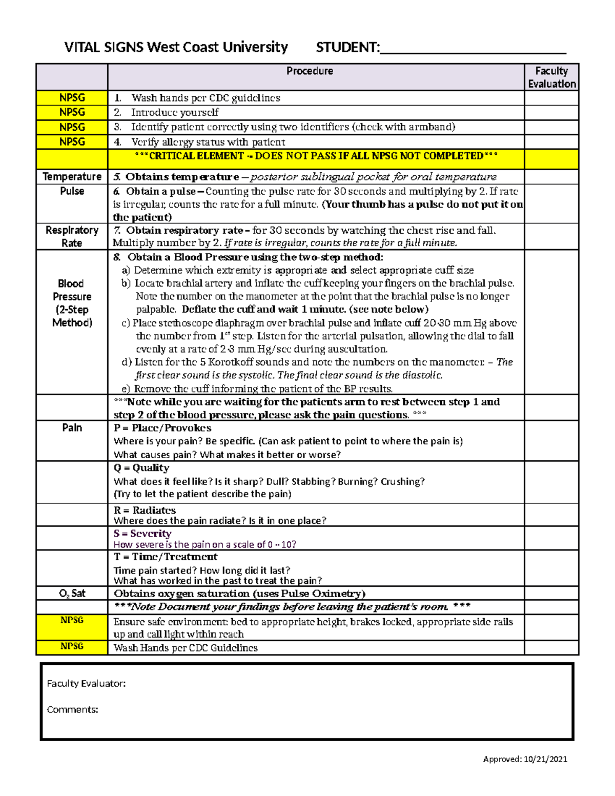 N101L-Vital Signs Validation Procedure Checklist - Studocu
