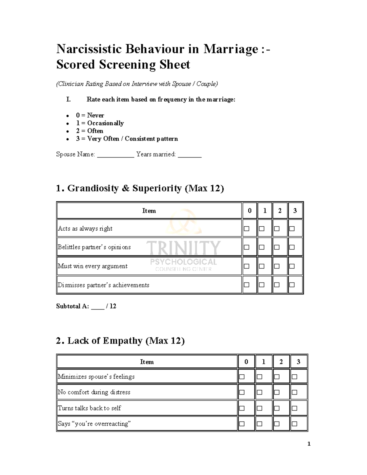 Narcissistic Behavior in Marriage: Scored Screening Sheet (Clinical ...