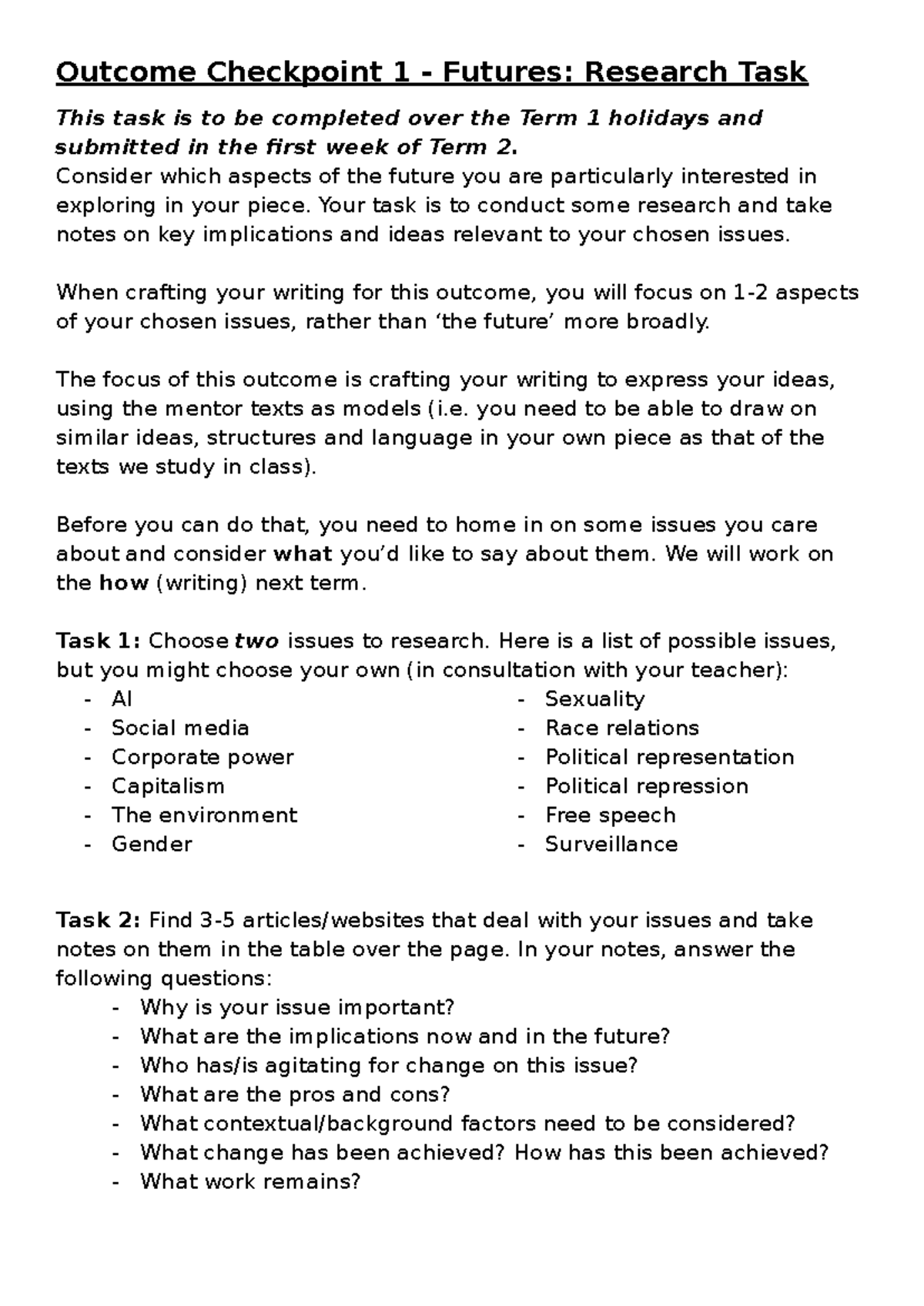 English Research Task: Exploring Future Issues & Implications (ENG101 ...