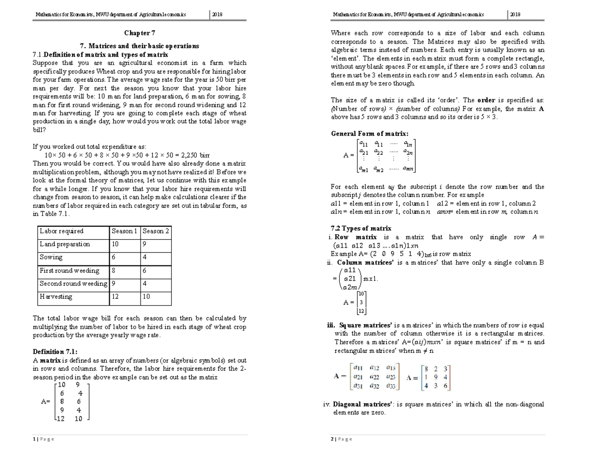 Chapter 7 Matrices and their basic operations Mathematics for ...