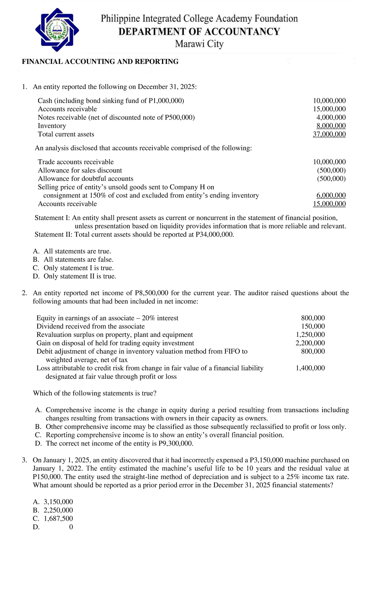 CPA 2025: Financial Accounting & Reporting Quiz - Preboard Exam - Studocu