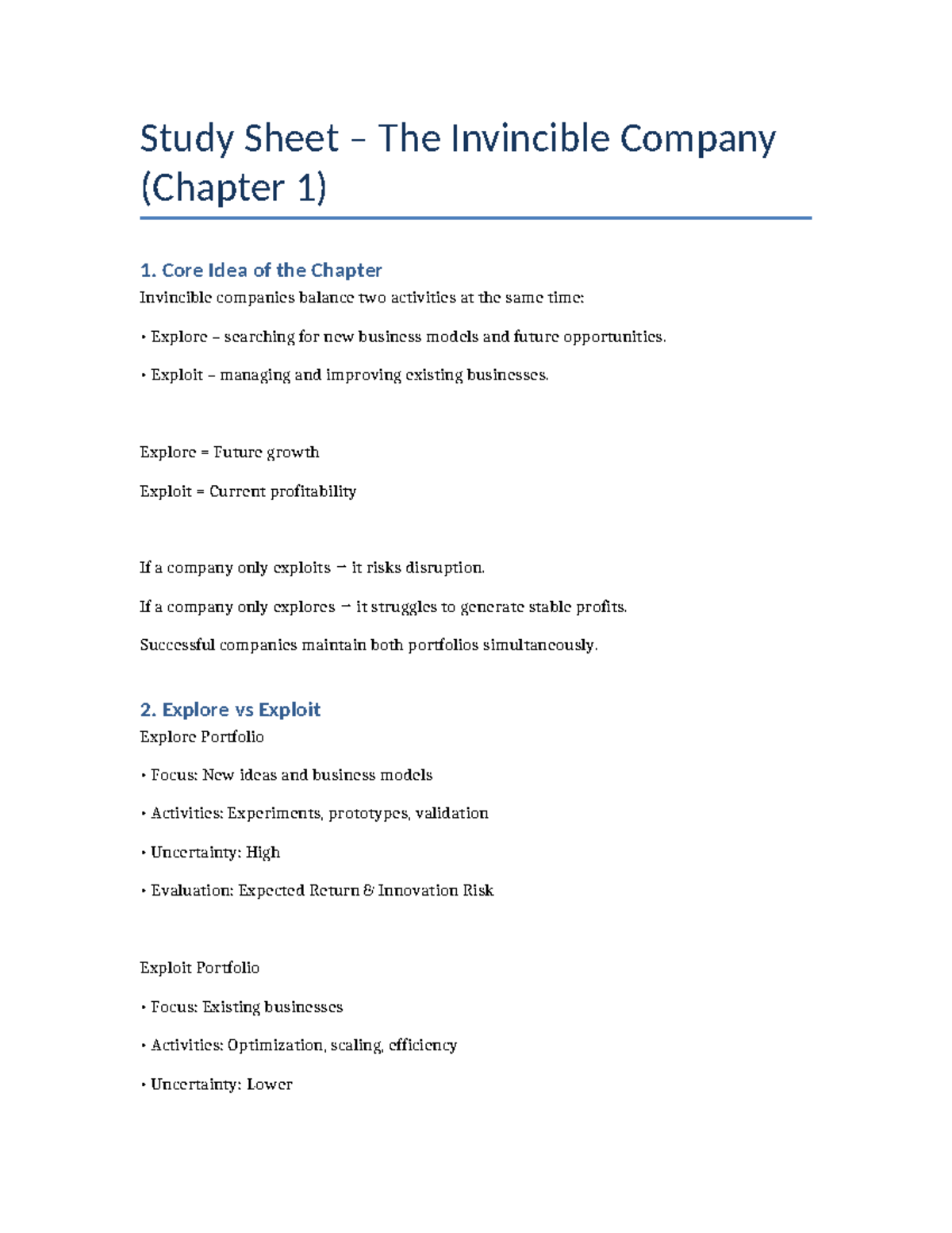 Invincible Company Study Sheet (Chapter 1): Explore vs Exploit - Studocu