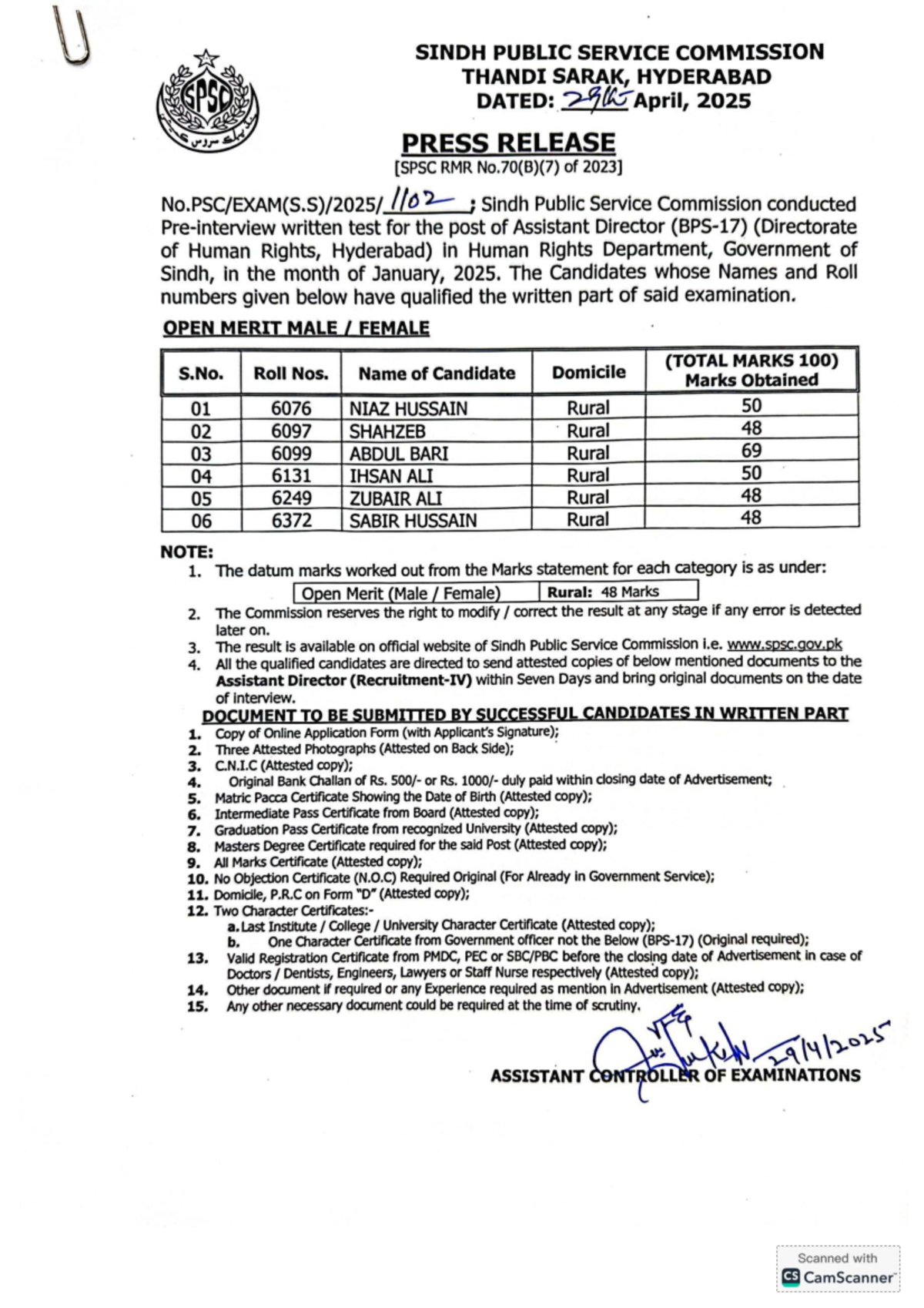 SPSC AD HRD Hyderabad Written Test Results - April 2025 - Studocu