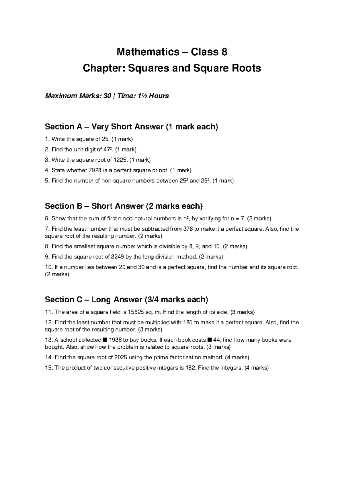 Class 8 Mathematics Chapter: Squares & Square Roots QP - Studocu