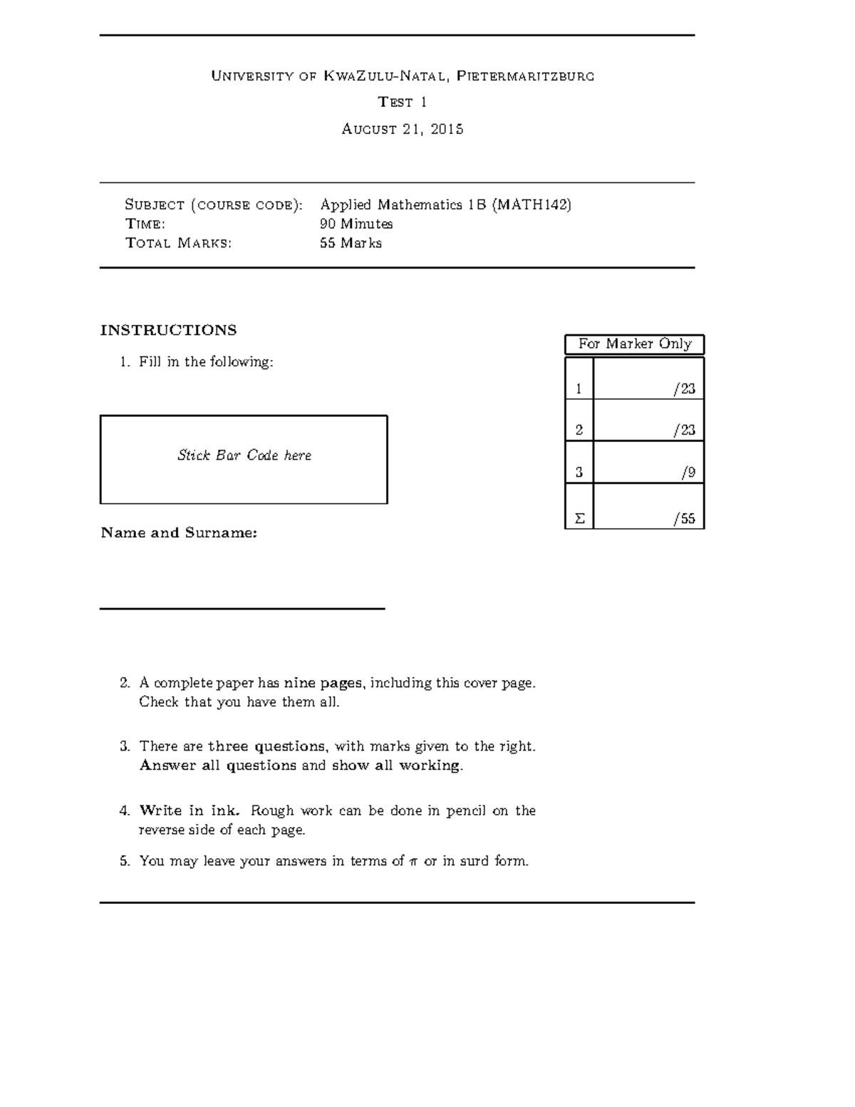 MATH142 Test 1: Applied Mathematics 1B August 2015 Exam Paper - Studocu
