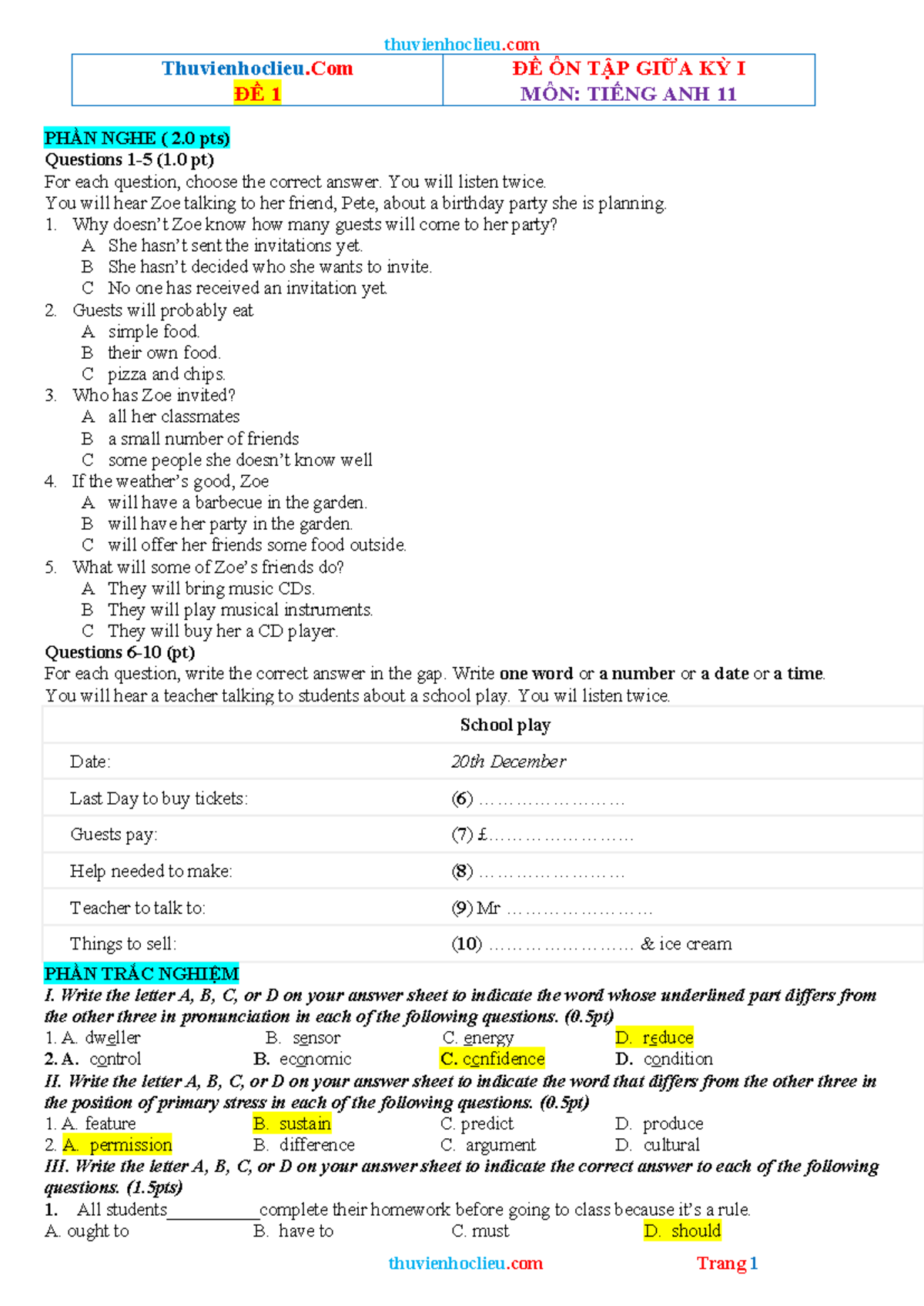 Midterm Mock Test 2 - Tiếng Anh 11 for Grade 11 Students - Studocu