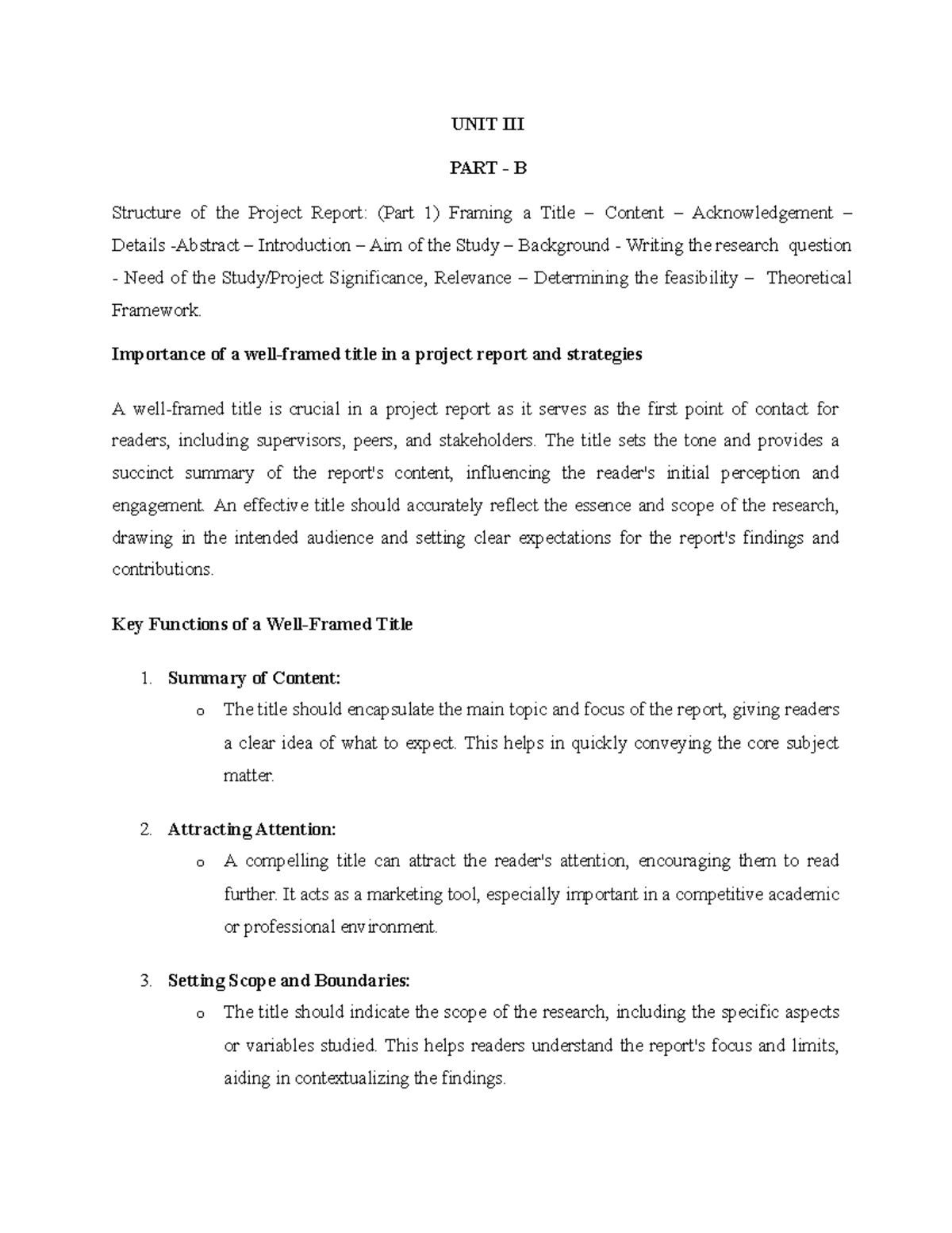 UNIT III Project Report Writing: Structure and Key Components - Studocu
