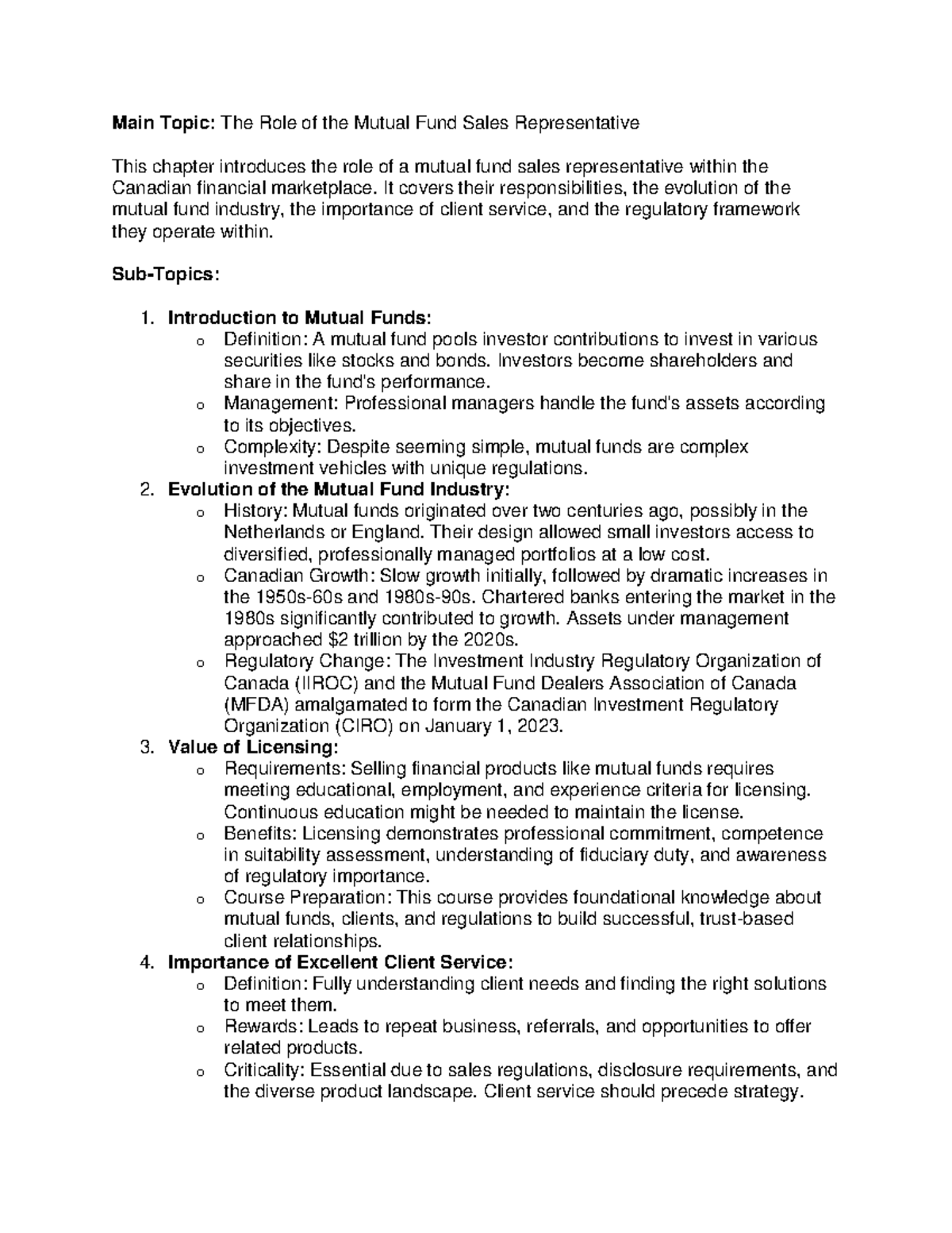 Chapter 1 - Role of Mutual Fund Rep in Canadian Finance Industry - Studocu