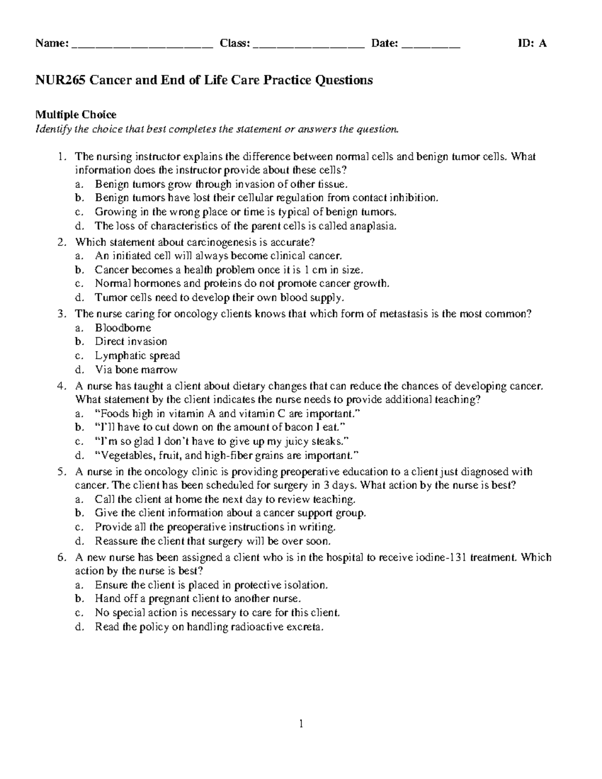 NUR265 Final Exam Cancer Practice Questions and Answers - Studocu