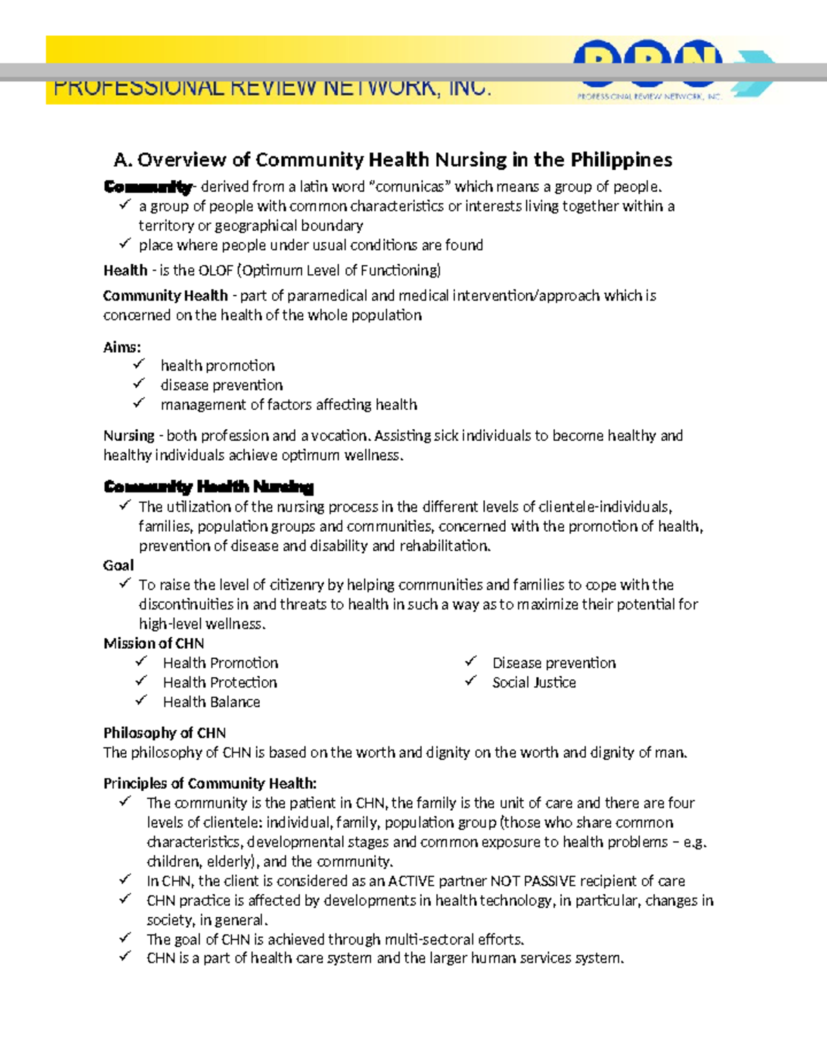 CHN 101: Overview of Community Health Nursing in the Philippines - Studocu