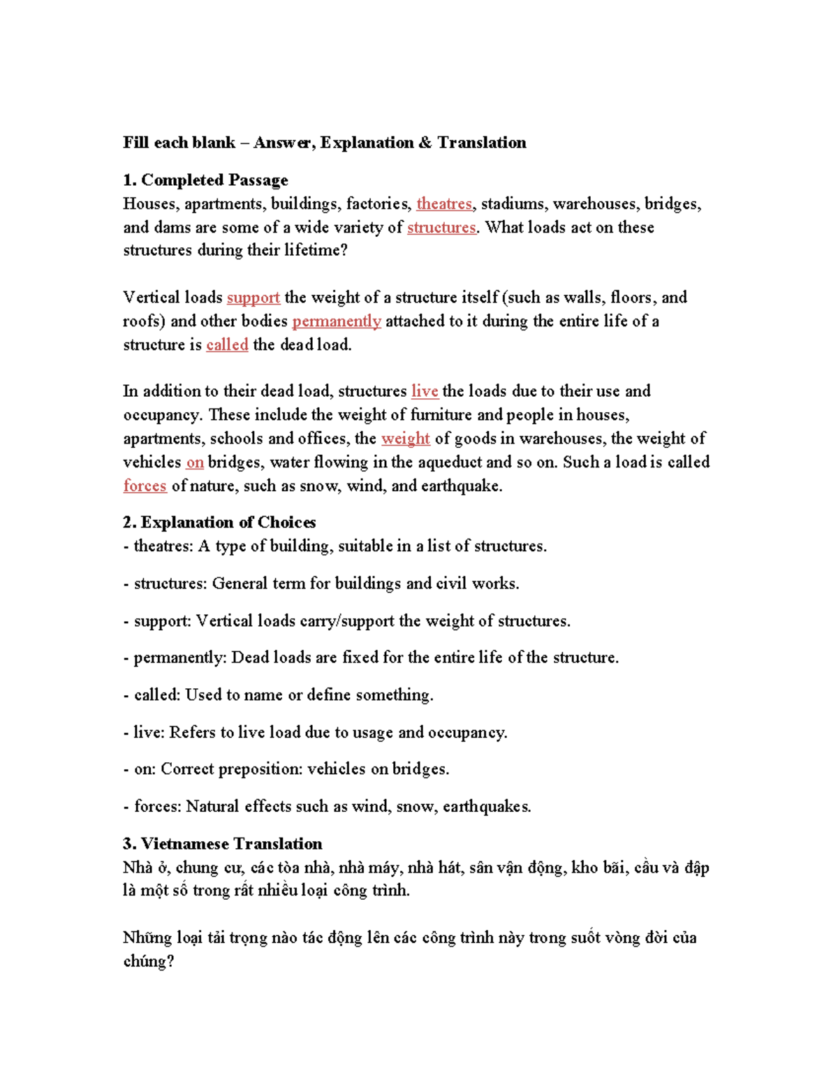 Fill Each Blank: Structures and Loads Explanation & Translation - Studocu