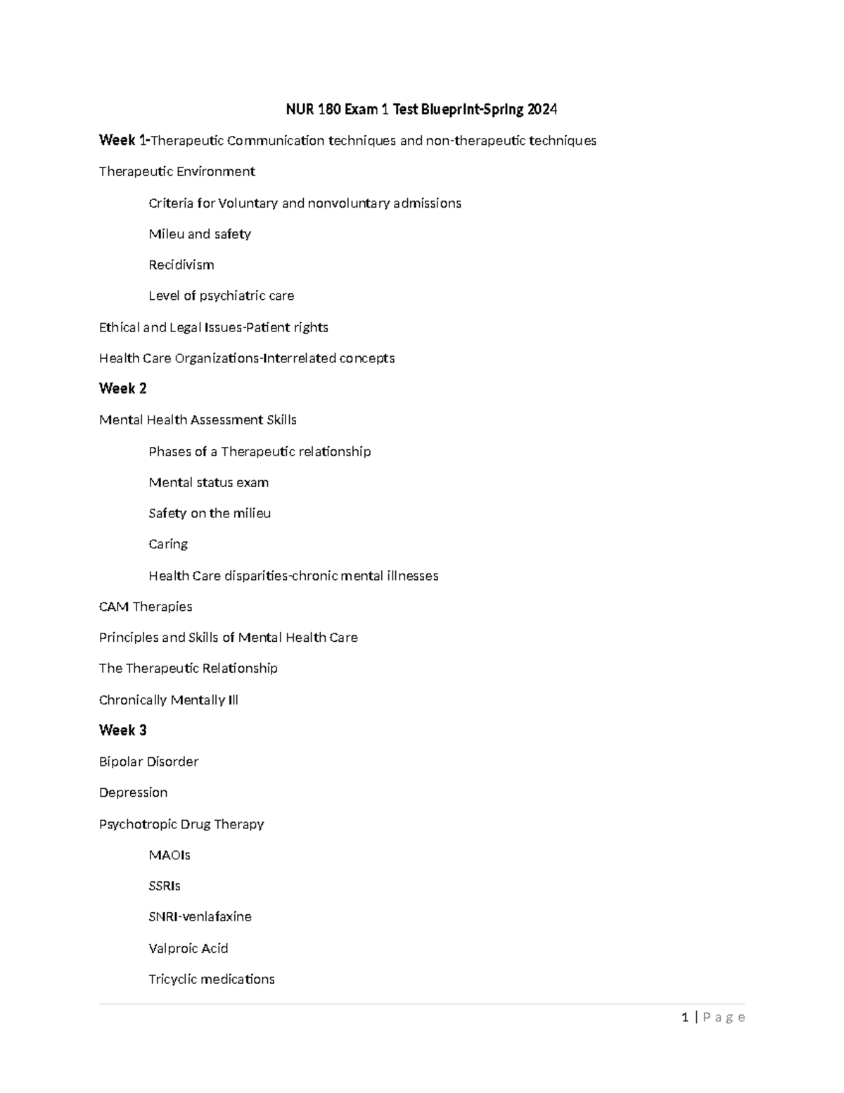 Test Blueprint for NUR 180-Exam 1 - NUR 180 Exam 1 Test Blueprint ...