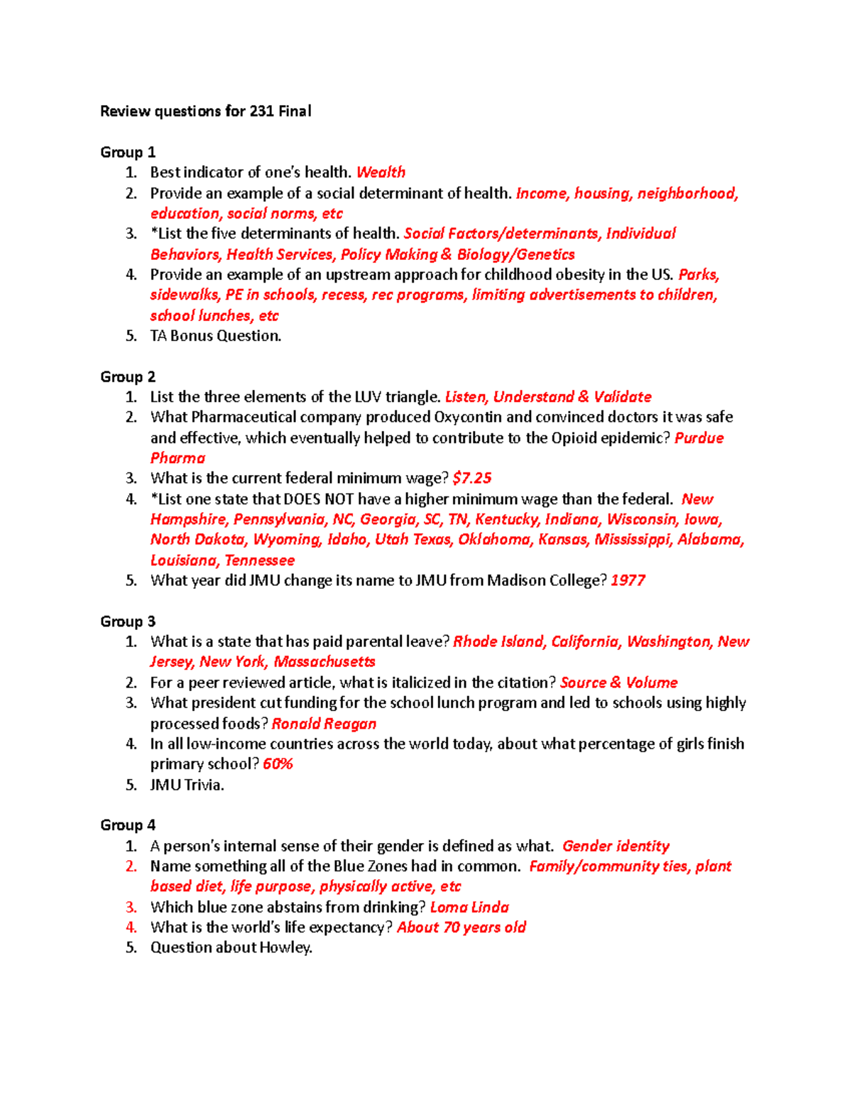 HTH 231 Final Exam Review: Key Health Determinants & Trivia - Studocu