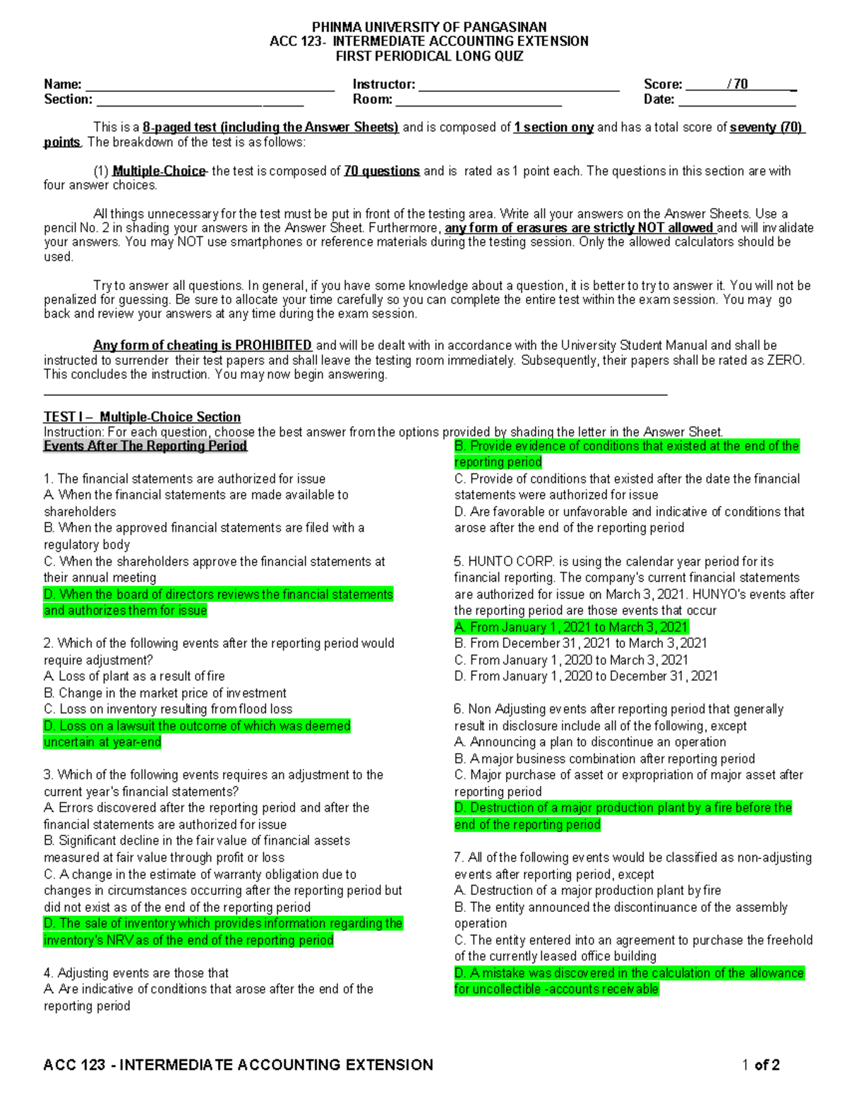 ACC 123 P1 Intermediate Accounting Long Quiz Responses - Studocu
