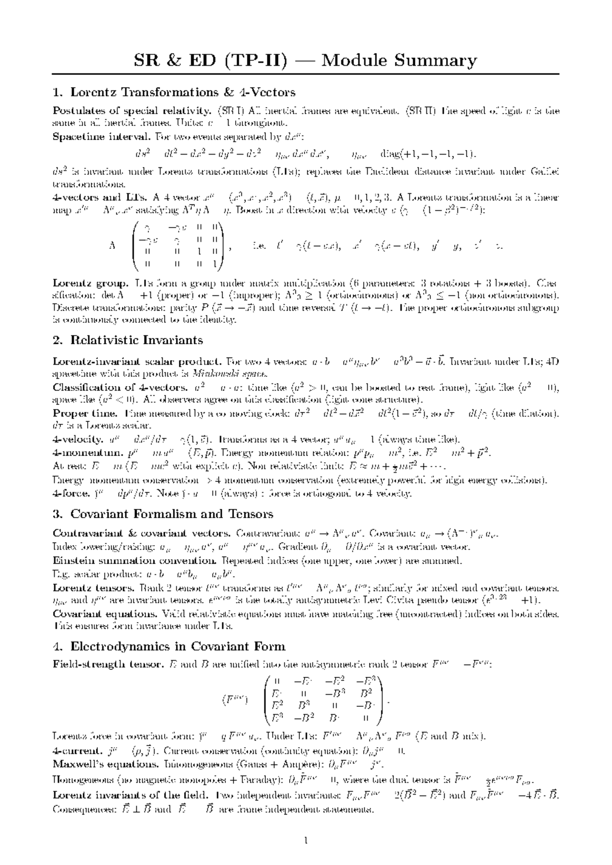 SR II Module Summary: Lorentz Transformations & Covariant Formalism ...