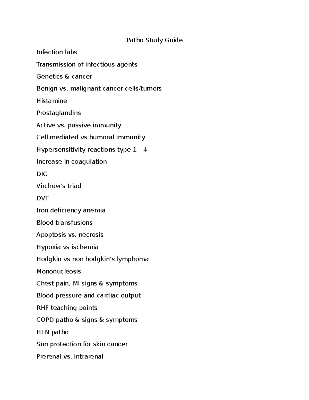 Patho Study Guide: Infection, Cancer, Immunity & More (NUR 101) - Studocu