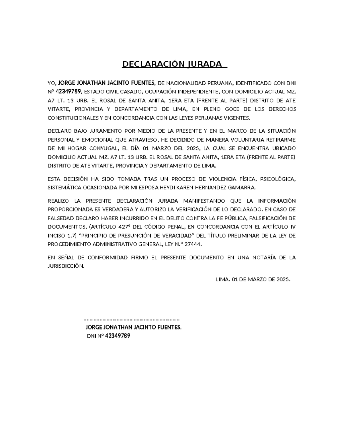 Declaración Jurada de Retiro Voluntario del Hogar - Jorge J. Fuentes - Document Preview
