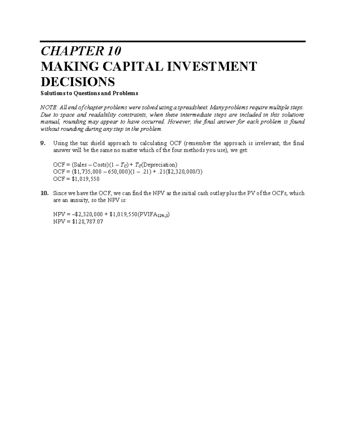 Hw5Ch10 sol - solution - CHAPTER 10 MAKING CAPITAL INVESTMENT DECISIONS ...