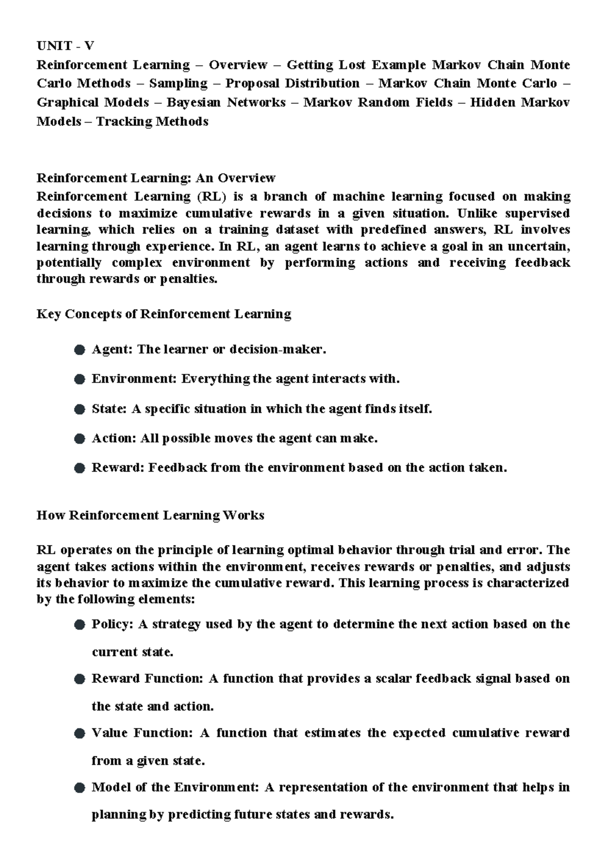 Reinforcement Learning and MCMC Overview - Unit-5-ML Study Notes - Studocu