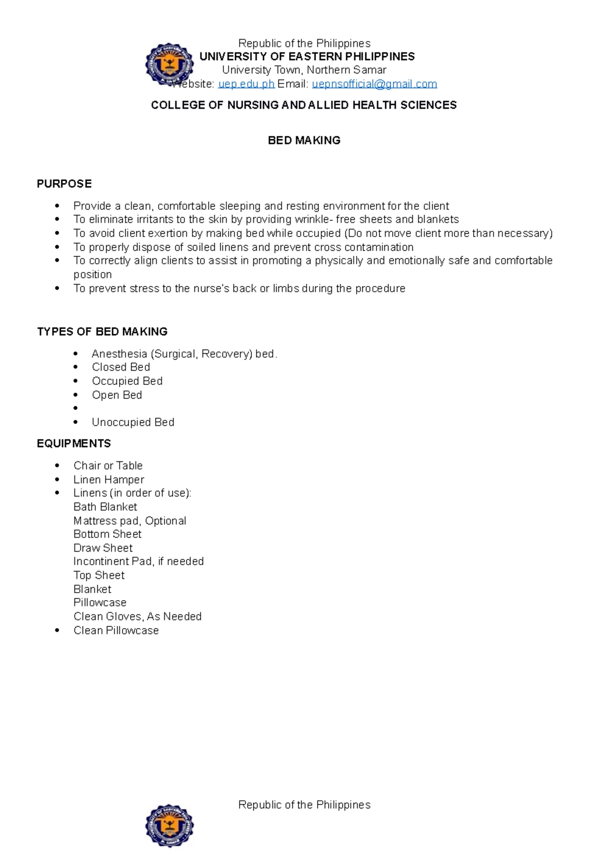 Bedmaking Procedures and Techniques for Nursing Care (NUR 101) - Studocu