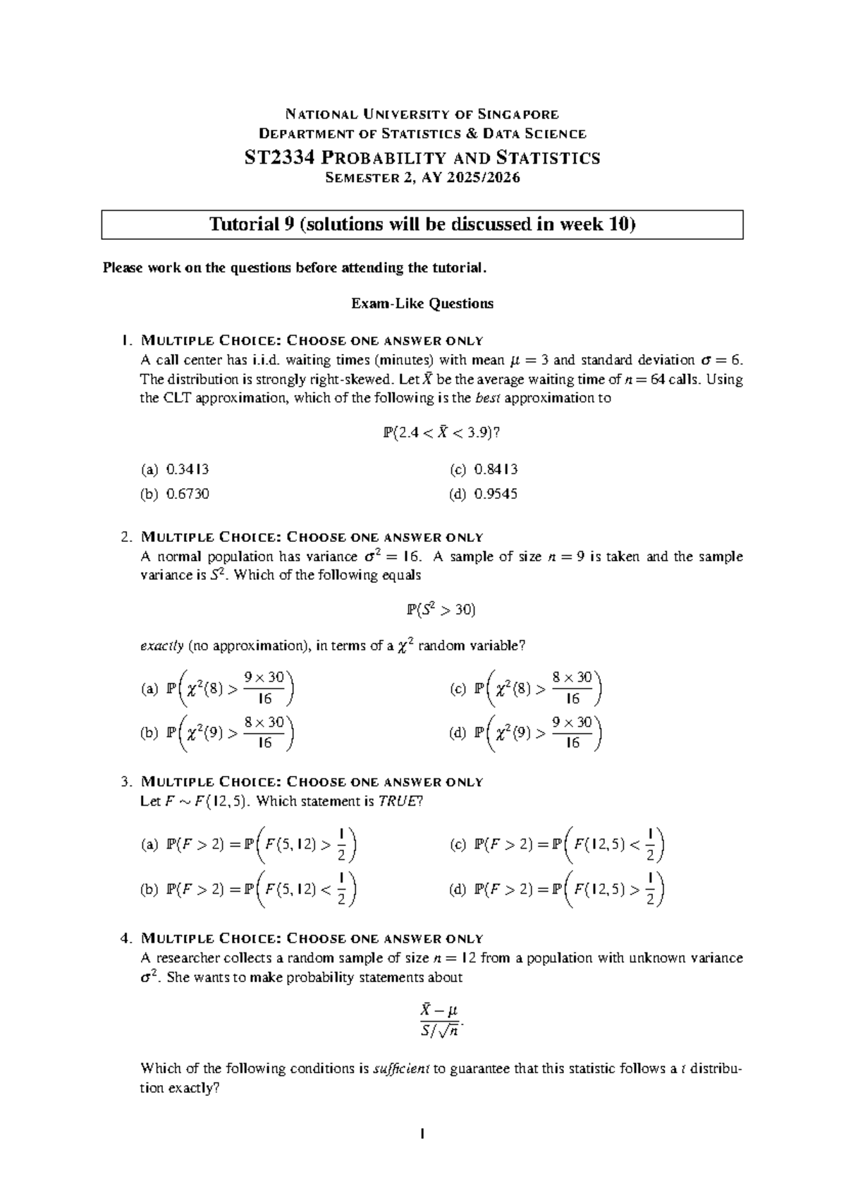 Tutorial 09 Solutions for ST2334: Probability and Statistics - Studocu
