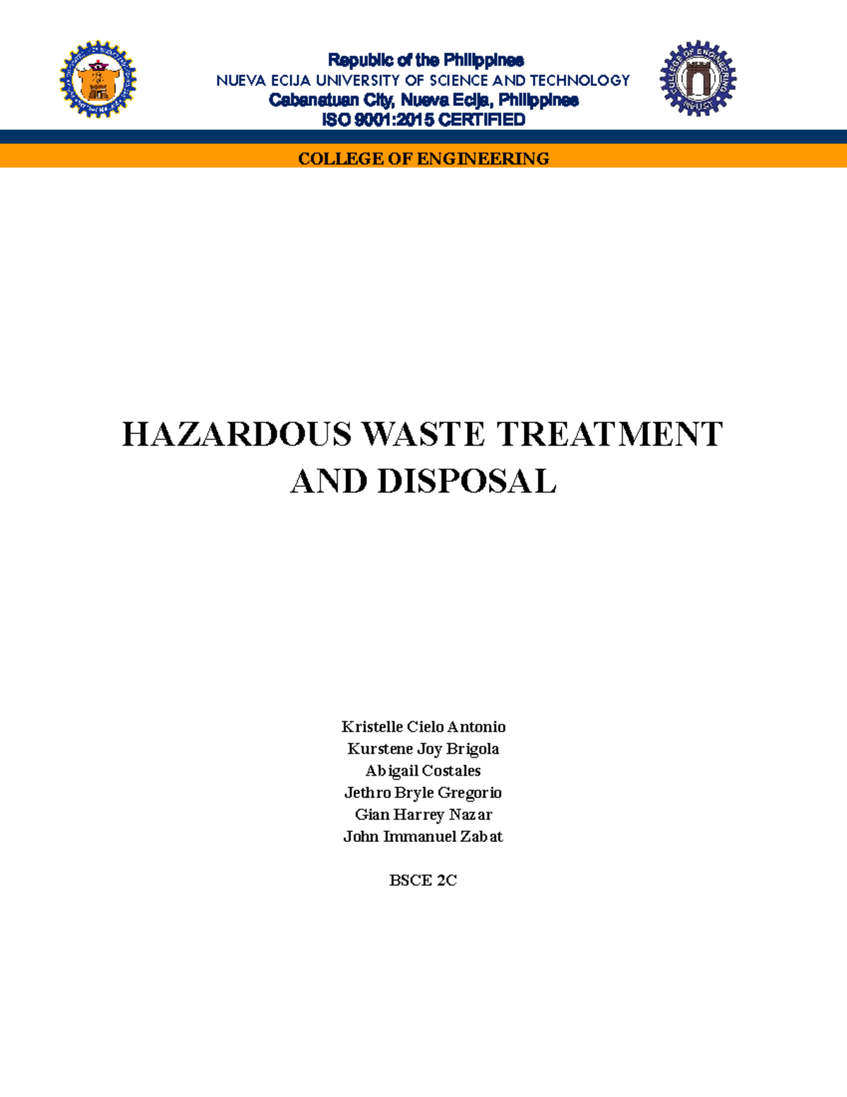 BSCE 2C: Hazardous Waste Treatment and Disposal Overview - Studocu