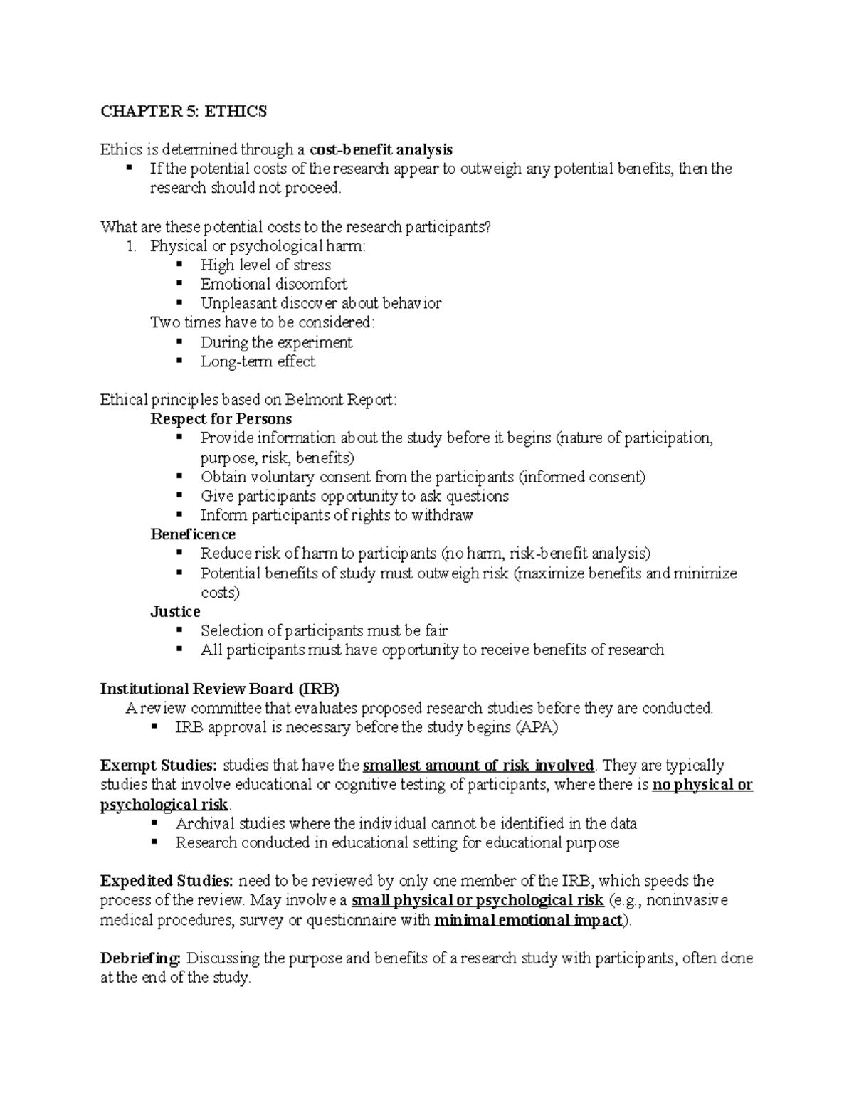 Chapter 5 Ethics - Summary The Process of Research in Psychology ...