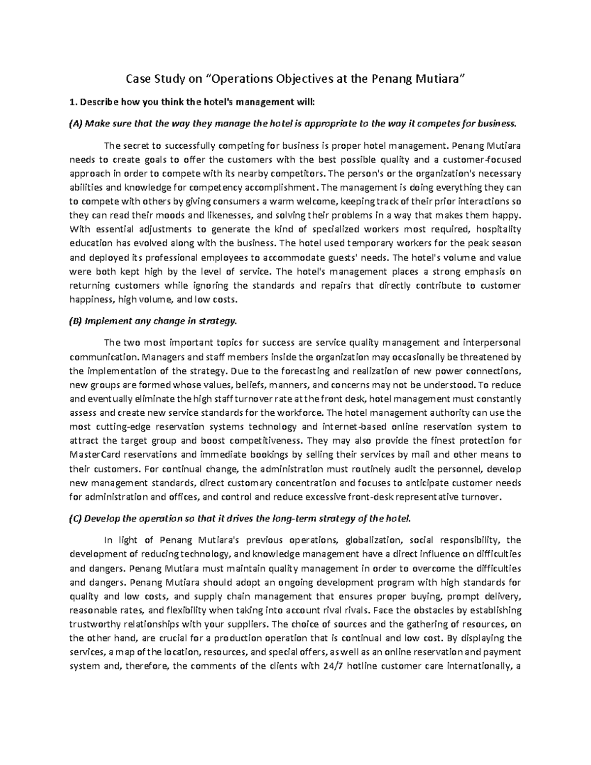 Case Study Analysis: Operations Objectives at Penang Mutiara Hotel ...
