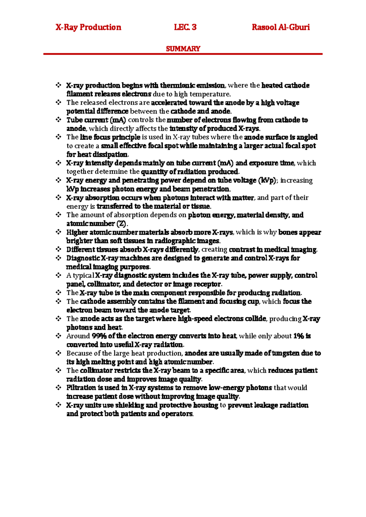 X-ray Production LEC. 3 Summary by Rasool - Studocu
