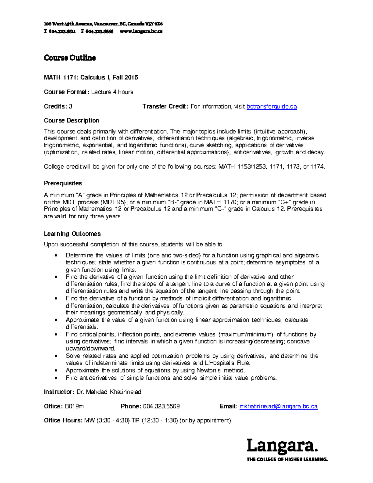 MATH 1171 Outline Khatirinejad - MATH 1171: Calculus I, Fall 2015 ...