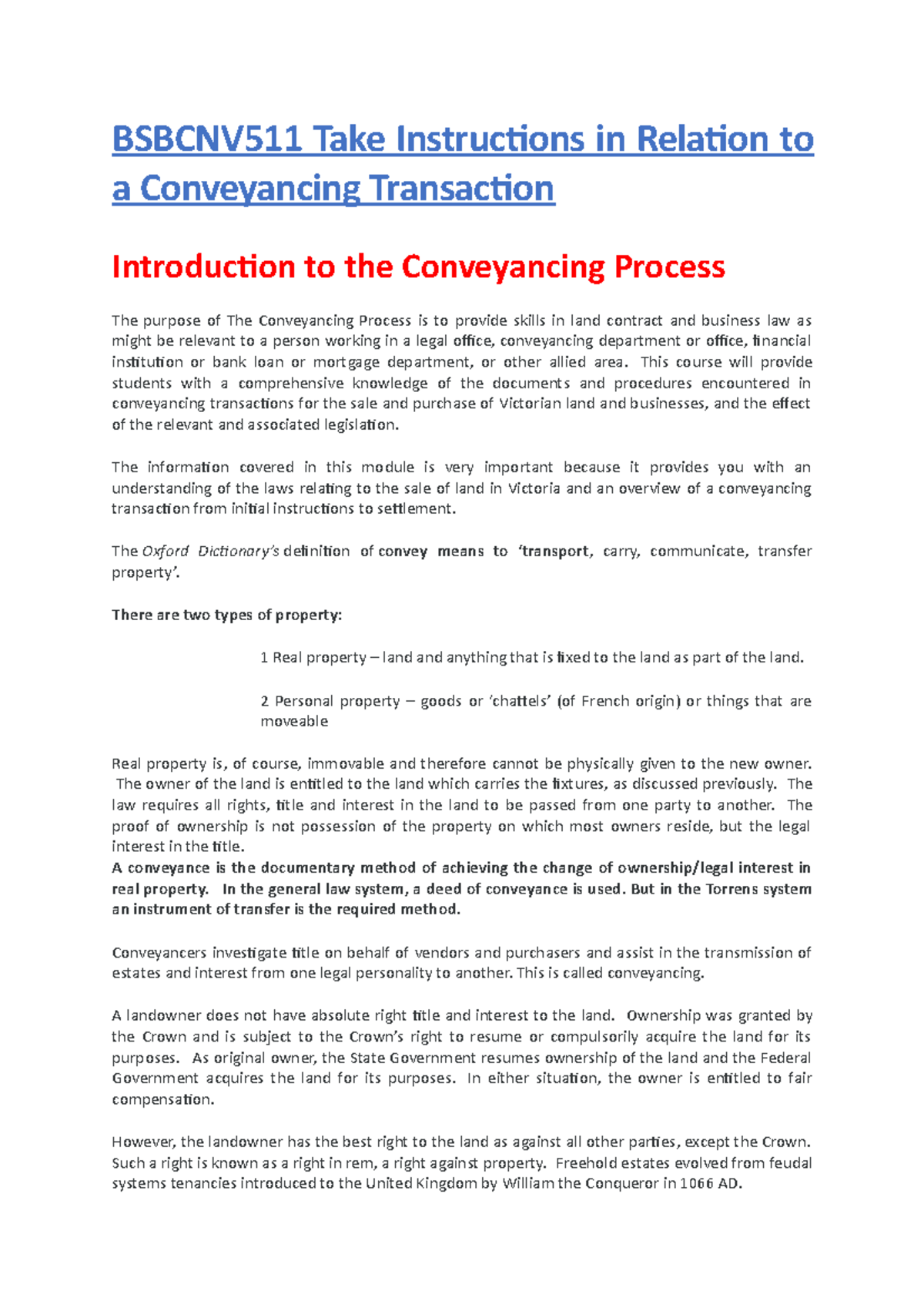BSBCNV511 Complete Unit Notes - Conveyancing Process Overview - Studocu