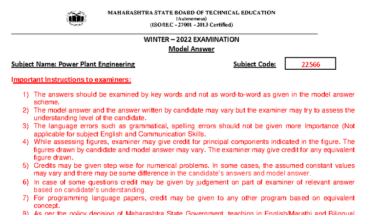 22566 - Winter 2022 Model Answer for Power Plant Engineering Exam - Studocu