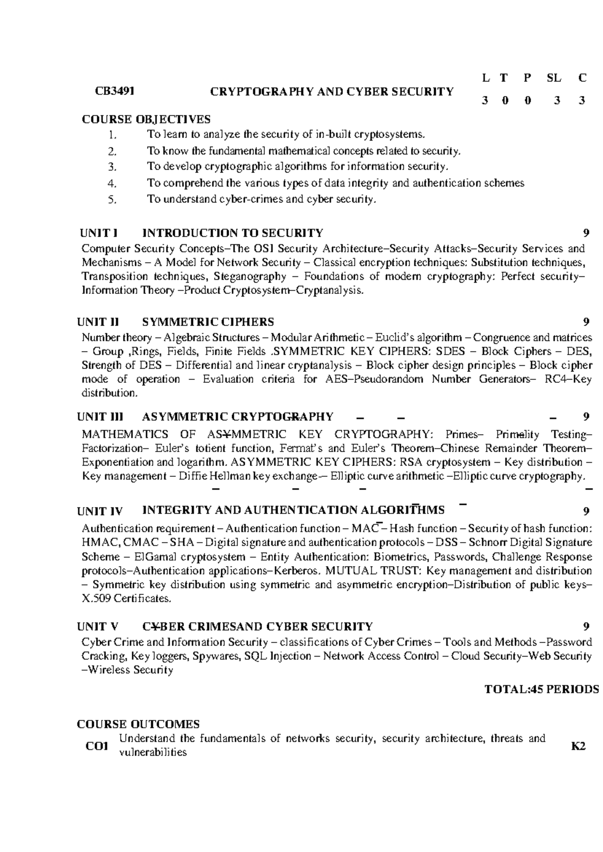 CB3491 - Cryptography and Cyber Security Syllabus Overview - Studocu