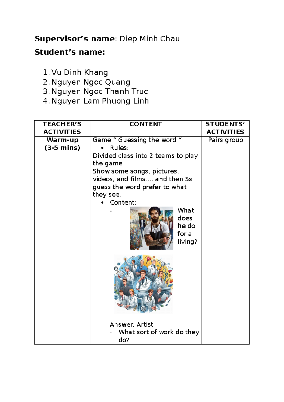 Group 6 - Warmup Lesson Plan Sample: Reading Activity - Studocu