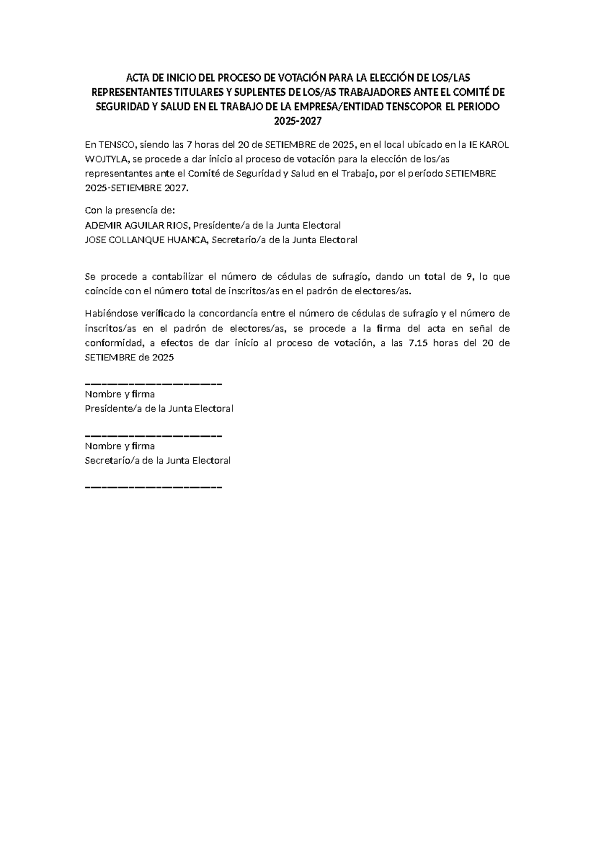 ACTA DE INICIO DEL PROCESO DE VOTACIÓN - TENSCO 2025 - Studocu