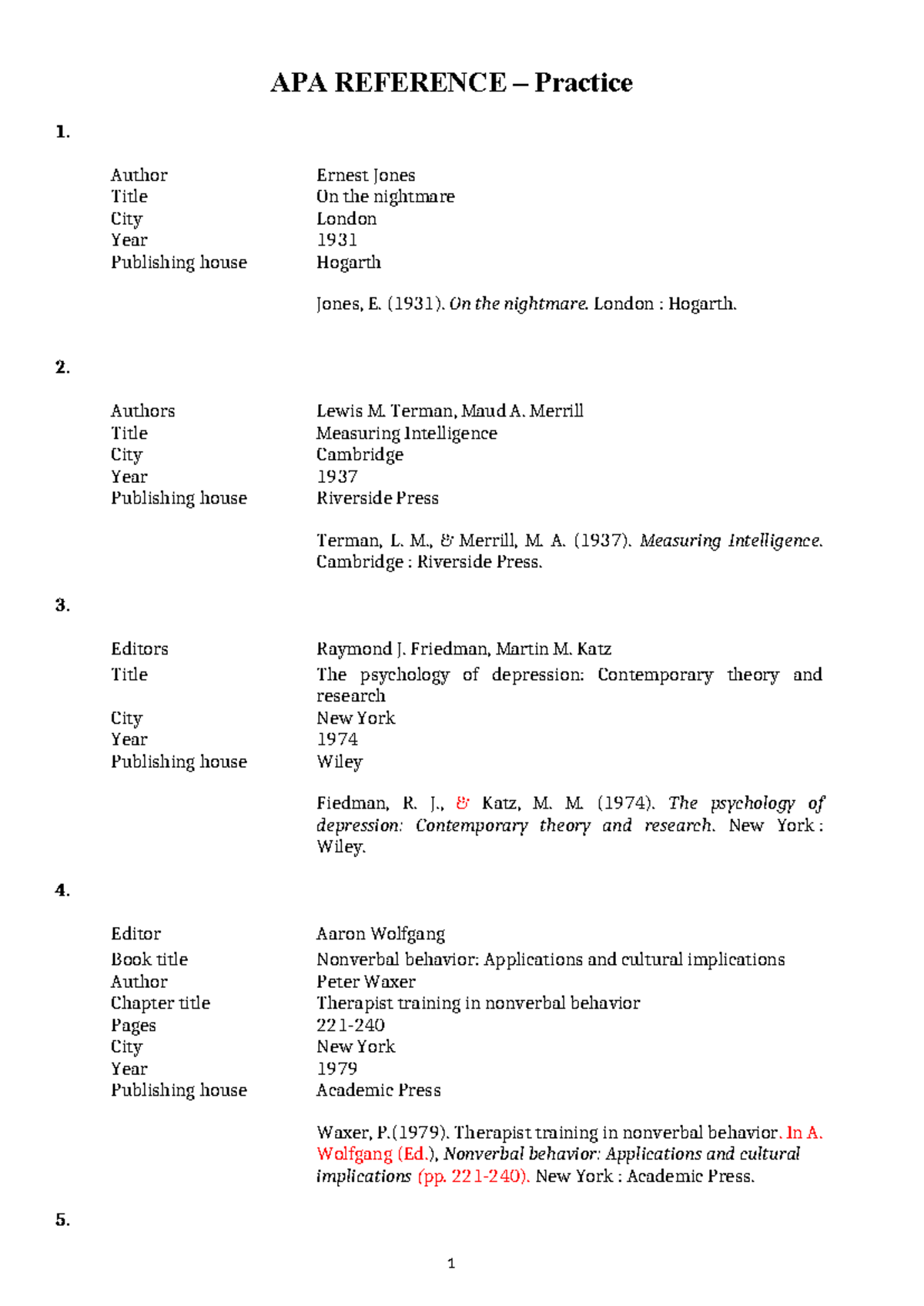 APA Exercise - Reference Formatting Practice Notes - Studocu