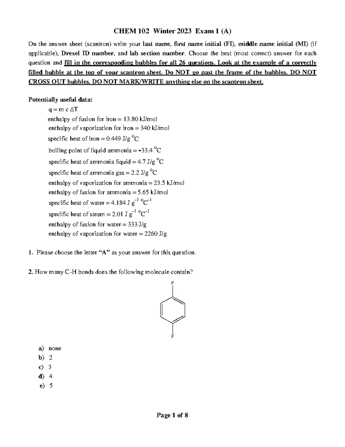 CHEM 102 Winter 2023 Exam I (A) with Answer Key - Studocu