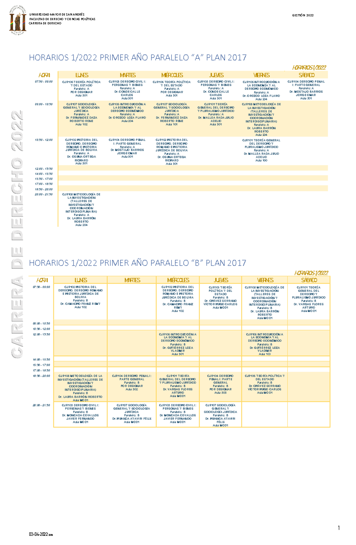 Horarios 2022 - DERECHO - FACULTAD DE DERECHO Y CIENCIAS POLÍTICAS ...