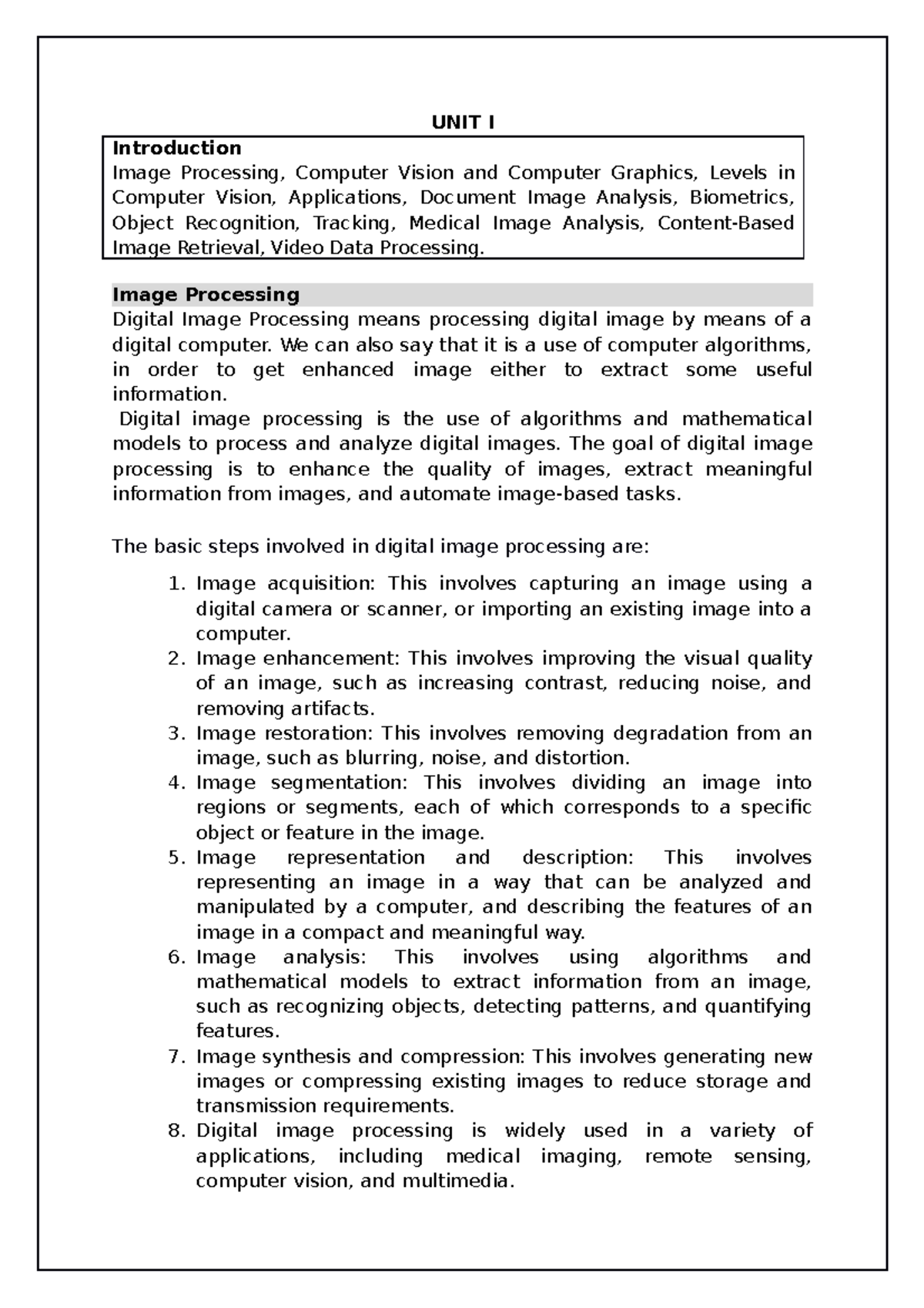 Unit 1 - Computer Vision Lecture Notes and Key Concepts - Studocu