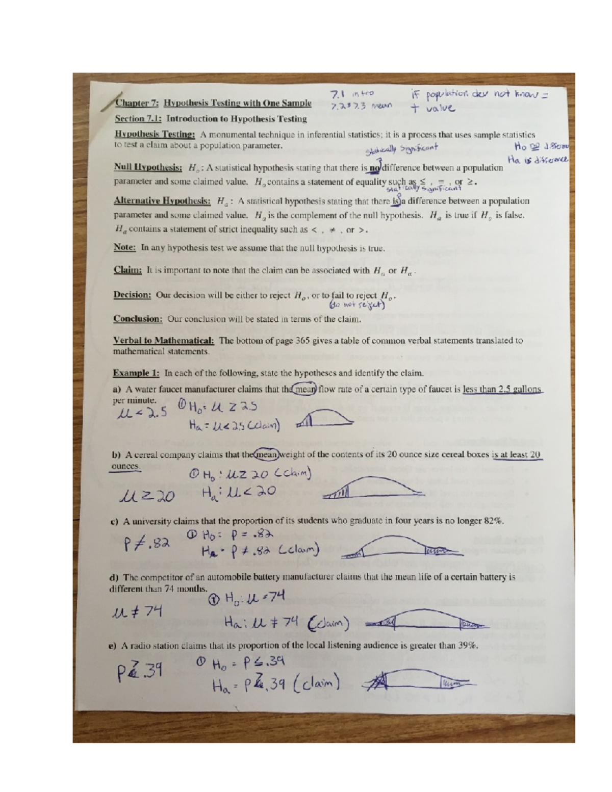 Stat 72373 Chap 7: Hypothesis Testing Concepts and Examples - Studocu