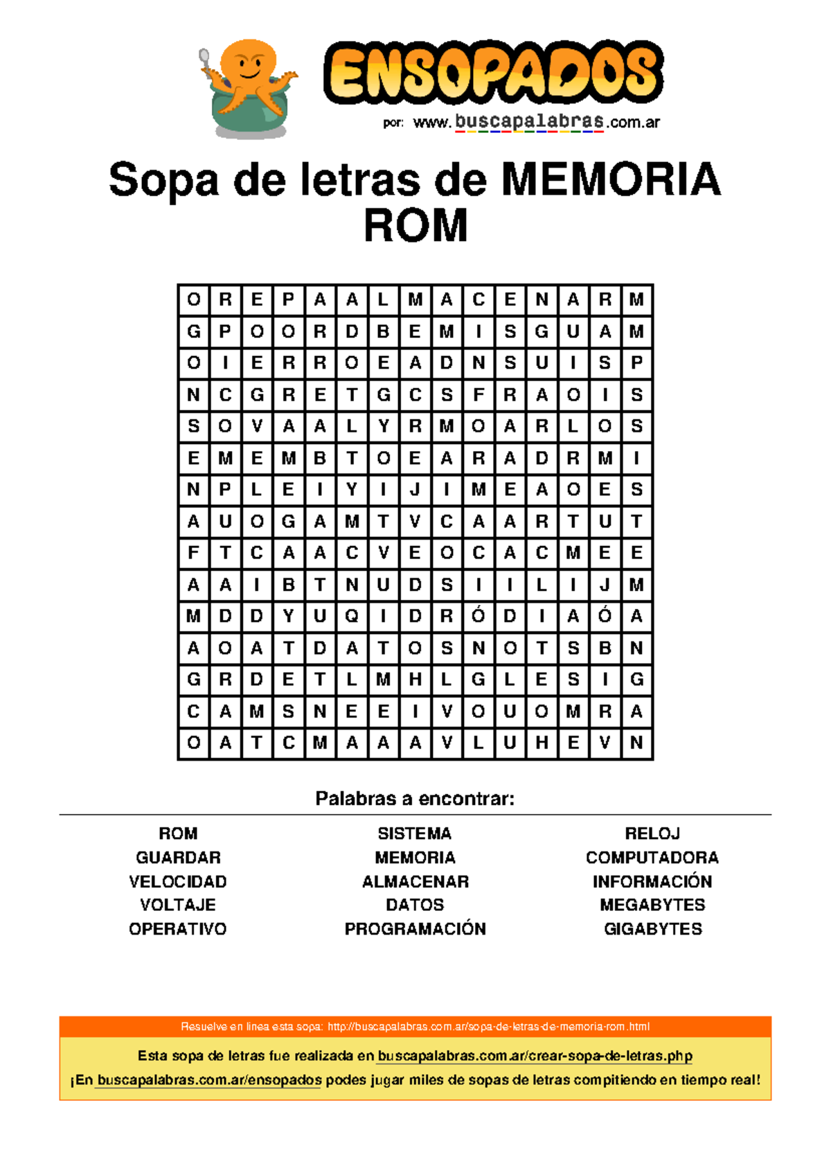 Sopa de Letras: Memoria y ROM - Encuentra Palabras Clave - Studocu
