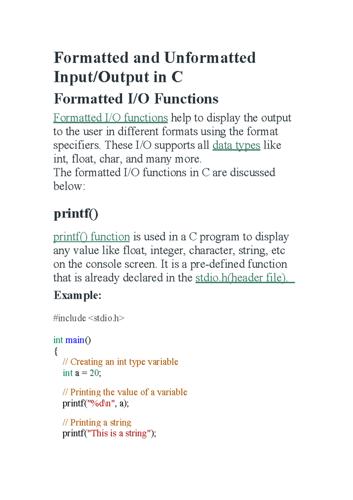C Programming: Formatted & Unformatted Input Functions - Studocu