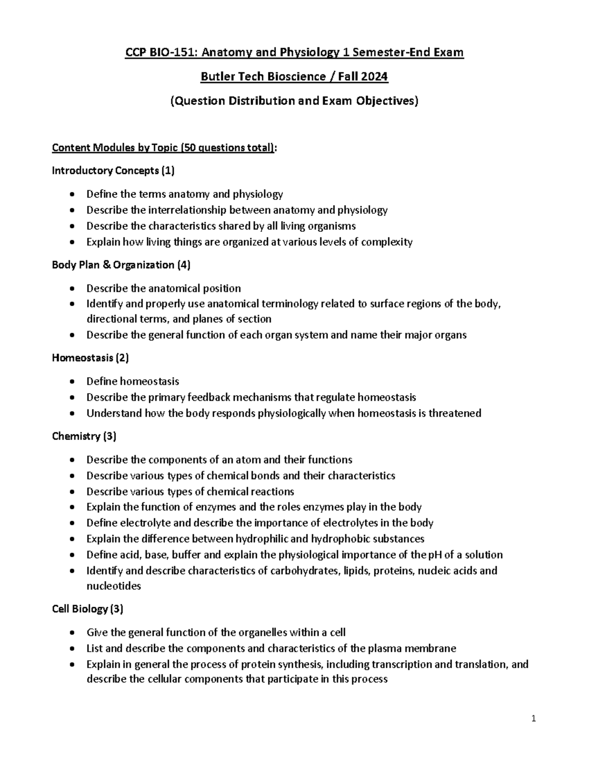 BIO 151 Anatomy & Physiology Final Exam Objectives FA2024 - Studocu