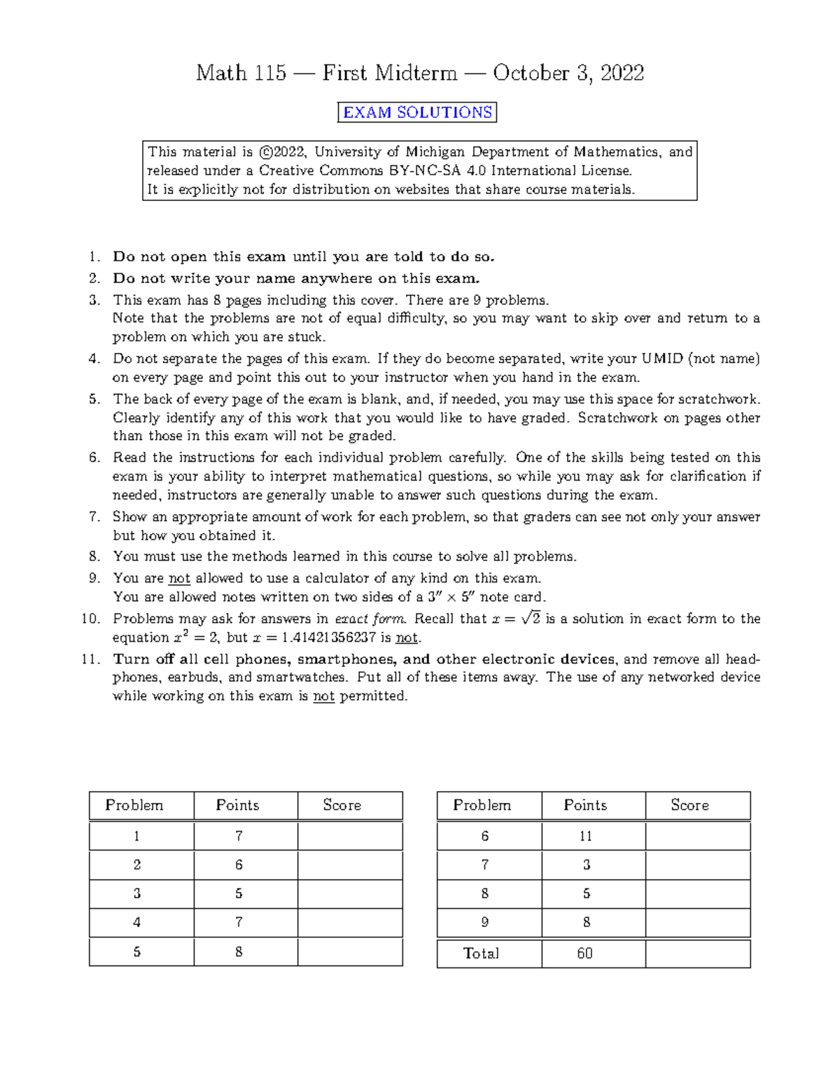 Exam1F22Solutions - solutions - Math 115 — First Midterm — October 3 ...