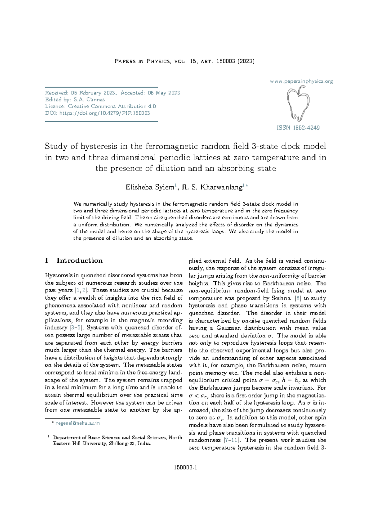 Study of Hysteresis in Ferromagnetic Random Field Clock Model (Phy6 ...