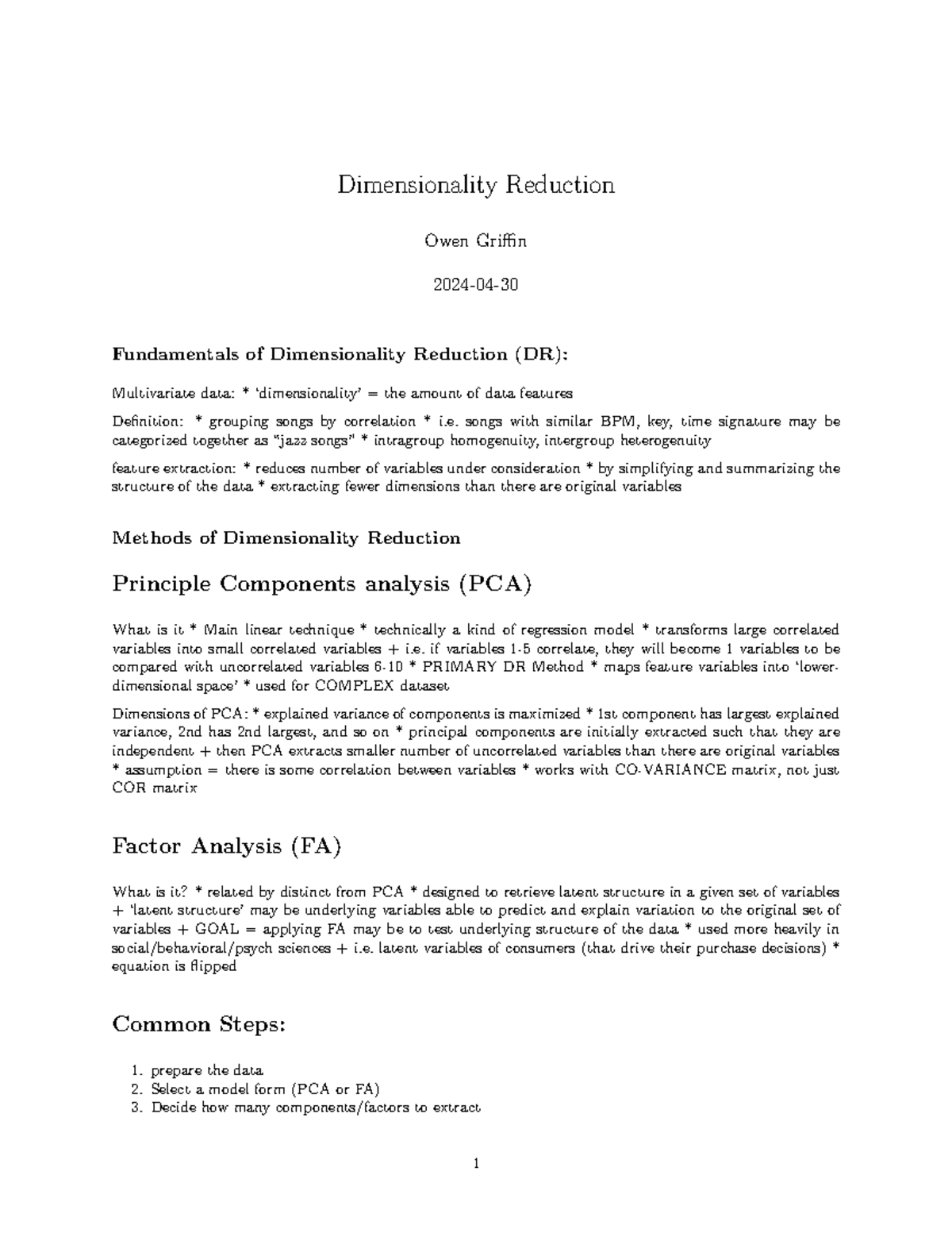 Week 10 Lecture Notes: Dimensionality Reduction Techniques in Data ...