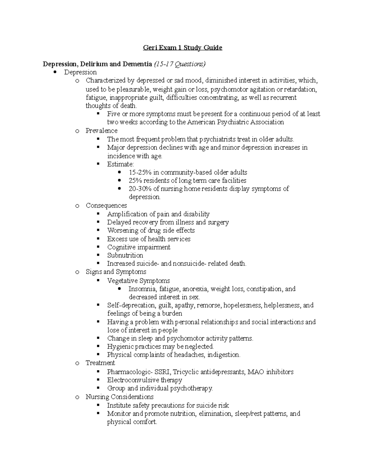 Geri 306 Exam 1 Study Guide: Key Concepts on Depression and Dementia ...