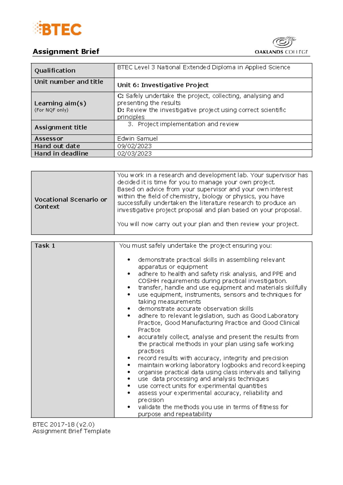Unit 6 BTEC Applied Science: A3 Project Implementation & Review - Studocu