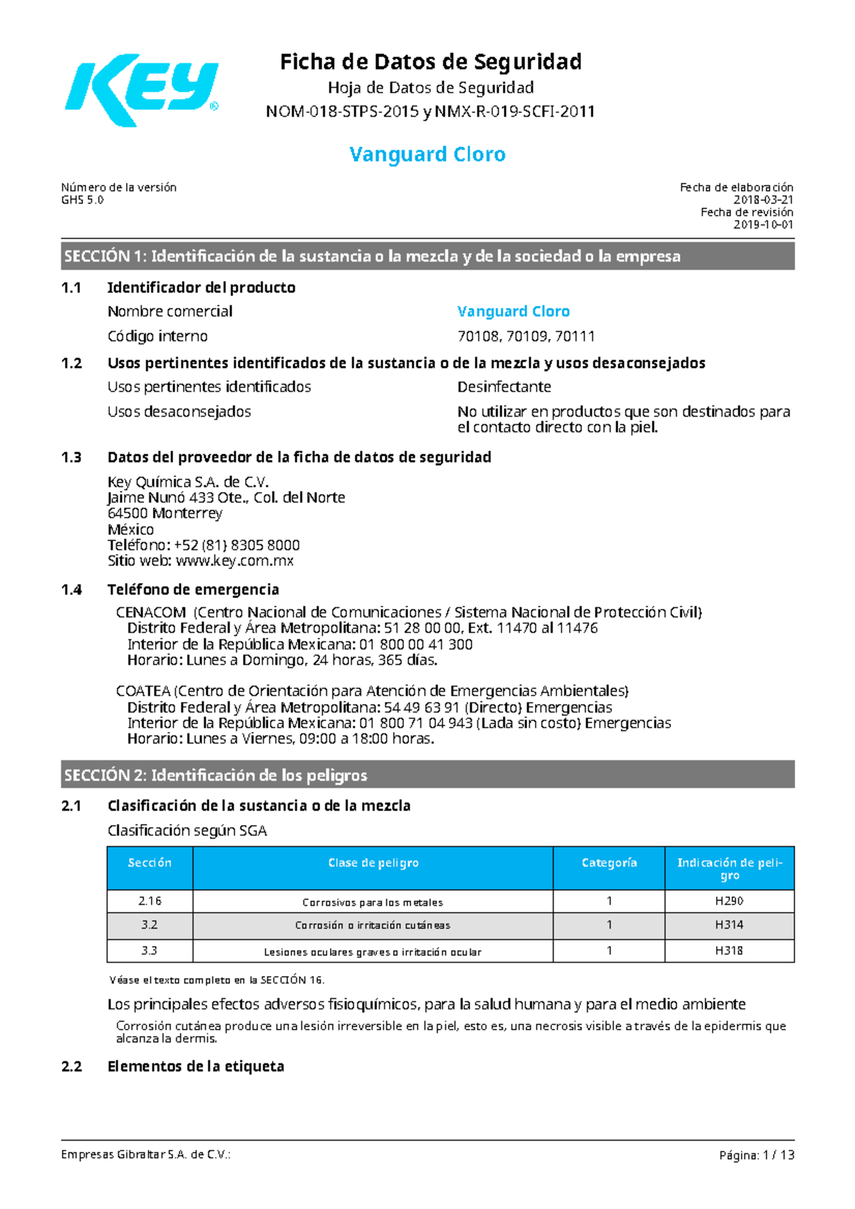 4.-HDS Vanguard Cloro: Revisión y Ficha de Datos de Seguridad - Document Preview